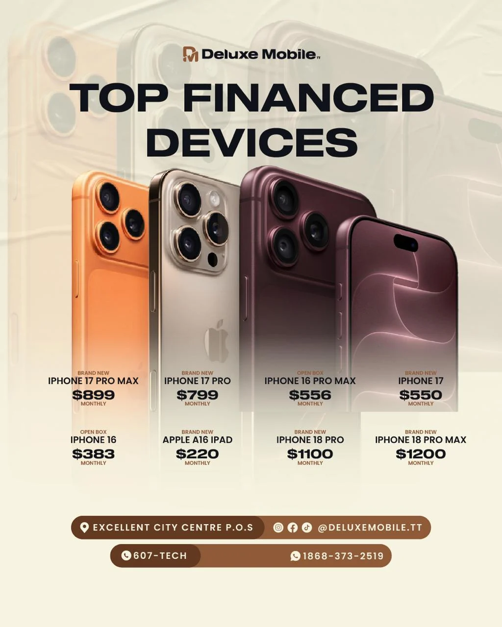 Top financed devices: iPhone 17 Pro Max, 17 Pro, 16 Pro Max, 17, 16, iPad A16, iPhone 18 Pro and 18 Pro Max, with monthly payments